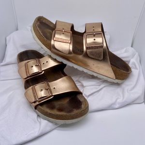 Birkenstock Arizona Gold 2 Strap Sandals Soft Footbed Metallic Cooper Sz 37